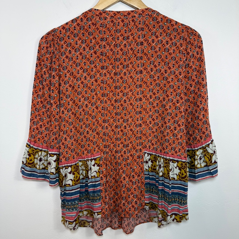 Maeve Anthropologie Mixed Print Blouse Sz 4 Orange Lace Bib Boho Ruffle Peasant - Picture 8 of 14